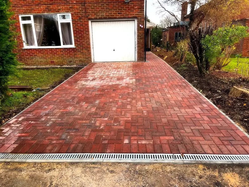 Block-paved driveway with drainage channel