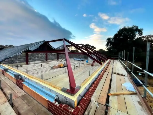 Steel frame in place before the roof